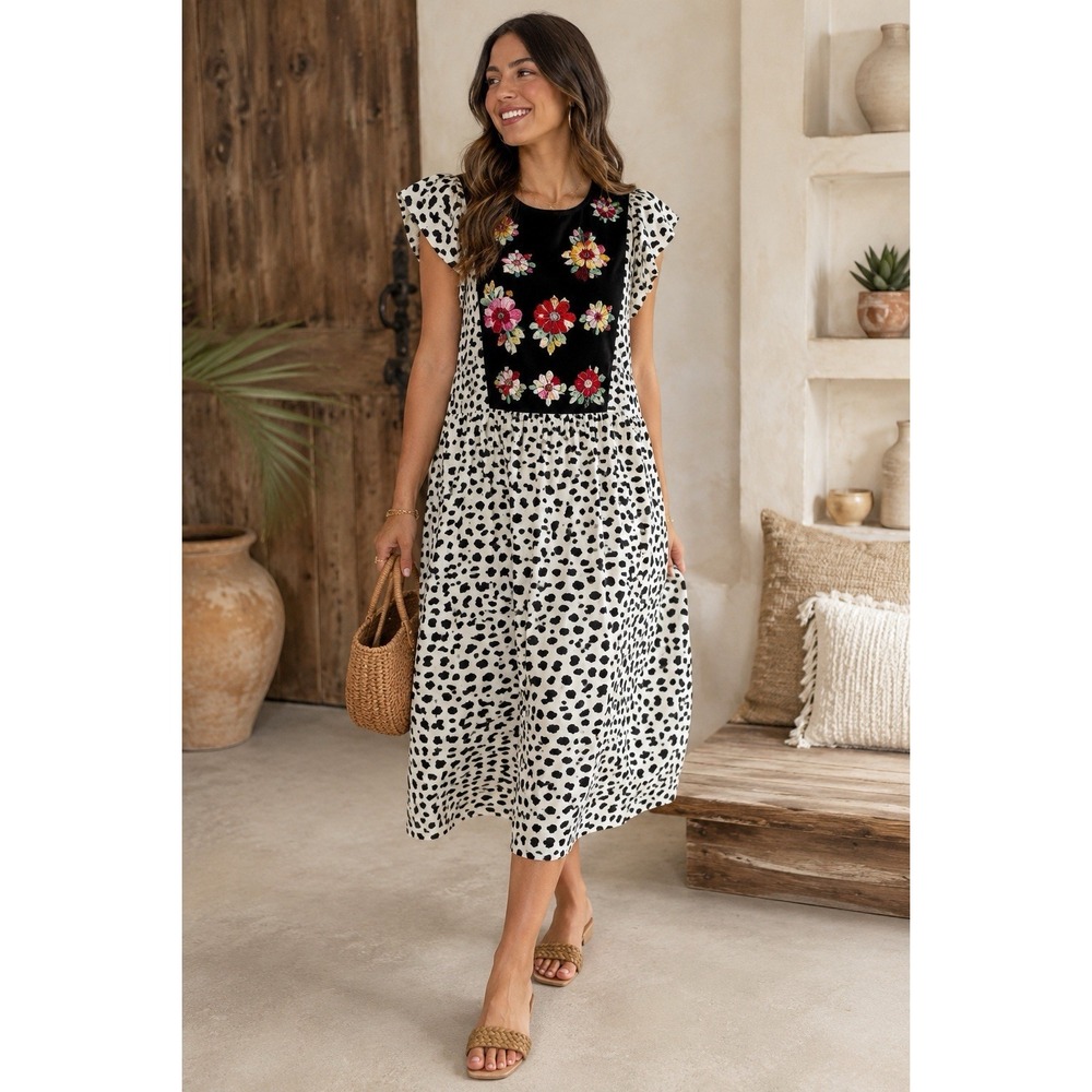 KIRUNDO Embroidered Floral Midi Dress Women's XL Ivory Black Abstract Print Boho